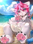 2026 anthro avian beach beverage biped bird blue_sky blush blush_lines bodily_fluids can cel_shading chest_tuft claws cloud cloudy_sky container day detailed_background digital_drawing_(artwork) digital_media_(artwork) english_text feet fingers fluffy fluffy_tail fur hair handpaw hi_res hindpaw hlg7777 horn inner_ear_fluff kemono light light_beam looking_at_viewer male on_ground open_mouth pawpads paws pink_eyes pink_hair pink_pawpads sea seaside shaded sitting sitting_on_beach sitting_on_ground sky solo summer sun sunbeam sunlight sweat sweatdrop tail text text_on_can toe_claws towel tuft umbrella water white_body white_clouds white_fur wings