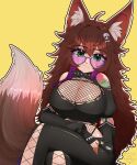  1girl absurdres ahoge animal_ears arm_tattoo augidraws black_pants black_shirt black_sleeves breasts brown_hair brown_tail cleavage closed_mouth clothing_cutout commentary crossed_legs english_commentary fishnet_top fishnets fox_ears fox_tail green_eyes hair_between_eyes hair_ornament heart heart-shaped_eyewear highres indie_virtual_youtuber large_breasts long_hair looking_at_viewer multicolored_hair overezeggs pants purple_hair shirt shoulder_cutout sitting skull_hair_ornament solo tail tattoo torn_clothes torn_shirt virtual_youtuber yellow_background 