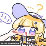  1girl 1other ? black_bow blonde_hair blue_eyes blush bow cheek_pinching chibi chibi_only commentary_request dress english_text hair_bow hair_ornament hat long_hair looking_at_viewer open_mouth phoebe_(wuthering_waves) pinching sidelocks solo_focus striped_bow syurikenmaru to_be_continued white_dress white_hat wuthering_waves x_hair_ornament 