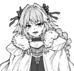  1boy astolfo_(fate) bangs blush bow braid cape commentary eyebrows_visible_through_hair fate/apocrypha fate/grand_order fate_(series) fur_trim greyscale hair_bow hair_intakes hair_ribbon kusama_takato long_hair looking_at_viewer male_focus monochrome open_mouth otoko_no_ko ribbon sidelocks smile solo tongue upper_body 