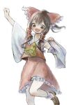  1girl :d absurdres ascot blush bow brown_eyes brown_hair brown_shoes commentary detached_sleeves frilled_bow frilled_hair_tubes frilled_skirt frills hair_bow hair_tubes hakurei_reimu highres leg_up loafers long_hair looking_at_viewer omaega_chan open_mouth red_bow red_skirt shoes simple_background skirt skirt_set smile socks solo touhou white_background white_socks yellow_ascot 
