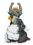  ambiguous_form ambiguous_gender ambiguous_prey belly big_belly black_body blonde_hair blue_body breasts canid canine clothing deep_navel duo english_text fangs featureless_breasts female front_view hair headgear headgear_only headwear headwear_only hi_res humanoid humanoid_pointy_ears hyper hyper_belly imprint kneeling kusuc link_(wolf_form) looking_aside mammal midna mostly_nude navel nintendo not_furry_focus oral_vore overweight overweight_female overweight_humanoid red_eyes same_size_vore simple_background tail_in_mouth text the_legend_of_zelda thick_thighs twilight_princess video_games vore watermark white_body wide_hips yellow_sclera 