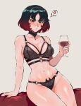  ? absurdres alcohol armpit_crease bare_hips bare_shoulders black_bra black_hair black_panties blush bob_cut bra bra_strap breasts cleavage closed_mouth commentary confused copyright_request couch cup deadlock_(game) drinking_glass english_commentary flustered frown gradient_hair highres holding holding_cup jewelry large_breasts lingerie lips makeup mina_(deadlock) multicolored_hair narrowed_eyes navel necklace nose panties red_eyes red_hair ribs shadow shiny_skin short_hair simple_background spoken_question_mark stomach thighs trazhwall two-tone_hair underwear v-shaped_eyebrows vampire white_background wine wine_glass wolf 