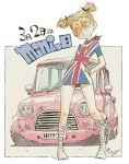  1girl bandana bandana_around_neck black_bow boots bow brown_hair car commentary dress english_commentary facing_viewer full_body grin hair_bow hands_on_own_hips head_tilt highres katsura_himeko knee_boots mini_cooper motor_vehicle orange-tinted_eyewear pencil_dress pink_car print_dress red_bandana sekihan short_dress short_hair short_twintails signature smile solo standing sunglasses tinted_eyewear twintails union_jack_print white-framed_eyewear white_boots zesshaka!_shiritsu_yotsuwa_joshi_gakuin_zetsumetsu_kigu-sha_gakka 