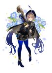  1boy androgynous black_shorts black_turban blonde_hair blue_hair blue_pantyhose blue_shoes captain_nemo_(fate) captain_nemo_(third_ascension)_(fate) commentary_request conch fate/grand_order fate_(series) full_body hat_feather high_heels highres holding kandatu male_focus multicolored_hair nemo_(fate) pantyhose shoes shorts simple_background solo turban two-tone_hair white_background 