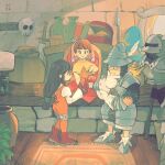  1boy 2girls adelbert_steiner armor armored_boots bad_id bad_pixiv_id bikini_armor black_hair bodysuit boots brown_hair capelet card final_fantasy final_fantasy_ix full_body garnet_til_alexandros_xvii gloves hair_ornament hairclip hand_to_own_mouth hat_feather headscarf helmet highres holding holding_card juliet_sleeves long_hair long_sleeves low-tied_long_hair multiple_girls nobu_(25mark) open_mouth orange_bodysuit pink_headscarf plate_armor puffy_sleeves red_boots red_gloves rug shirt short_hair skull smile standing sword thigh_strap thinking weapon white_gloves white_shirt wooden_floor yellow_capelet 