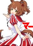  1girl absurdres animal_ears apron aston_machan_(umamusume) blush breasts brown_hair commentary_request dress employee_uniform fast_food_uniform genzo_nasu green_eyes hair_between_eyes hair_ornament highres horse_ears horse_girl horse_tail kfc large_breasts looking_at_viewer open_mouth red_dress red_scrunchie scrunchie smile solo striped_clothes striped_dress tail umamusume vertical-striped_clothes vertical-striped_dress white_apron white_wrist_cuffs wrist_cuffs 