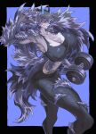  10den 2022 absurd_res anthro big_breasts bra breasts claws clothing dumbbell female fur grey_body grey_fur hi_res horn legwear nipple_outline pupils red_sclera sharp_teeth slit_pupils solo sports_bra teeth tights torn_clothing underwear unknown_species weights yellow_eyes 