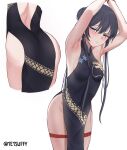  1girl absurdres armpits arms_up bdsm black_hair blue_archive blue_eyes blush bondage bound bound_thighs bound_wrists breasts chinese_clothes commentary covered_nipples dragon_print dress english_commentary hair_bun highres kisaki_(blue_archive) looking_at_viewer multiple_views print_dress qipao shibari short_hair_with_long_locks small_breasts tetsuffy_(tetsulul) twitter_username 