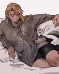  1girl absurdres artist_name bike_shorts black_hayate black_shorts blonde_hair breasts casual closed_eyes cookiesketches dog fullmetal_alchemist grey_hoodie heart highres hood hood_down hoodie light_smile long_hair medium_breasts military pillow print_hoodie riza_hawkeye shorts sitting spoken_heart swept_bangs tail tail_wagging white_background 