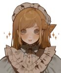  1girl blush bow bowtie brown_bow brown_hair buttons collared_dress commentary dress frilled_hairband frills grey_bow grey_bowtie grey_eyes hair_bow hairband highres lips littlebluemuffin lolita_hairband long_hair muffin_(littlebluemuffin) original parted_lips portrait sparkle straight_hair untranslatable_commentary white_background 