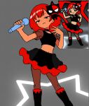  >:( 1girl artist_request black_boots black_choker black_eyes black_shirt black_shorts boots choker commentary_request crop_top grey_background hair_ornament hand_on_own_chest highres holding holding_microphone idol idol_rena leggings looking_at_viewer microphone midriff navel pantyhose red_hair rhythm_tengoku rhythm_tengoku_miracle_stars scene_reference see-through_clothes see-through_skirt see-through_sleeves shirt short_hair shorts skirt solo solo_focus star_(symbol) star_symbol_background v-shaped_eyebrows 