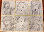 6+girls :t blush bow breasts cleavage closed_eyes closed_mouth drill_hair drill_ponytail fang fingernails flower greyscale hair_between_eyes hair_flower hair_ornament hairclip hat hat_feather hatching_(texture) higashiyama_akisa holding holding_microphone hw602mgcm jacket long_hair long_sleeves magicami microphone mini_hat mini_top_hat monochrome multiple_girls necktie oikawa_iko open_mouth photo_(medium) shirt short_hair single_drill skin_fang smile split_mouth striped_clothes striped_necktie tamaki_hanabi tearing_up tomonaga_kaori top_hat traditional_media twintails w yarimizu_lilly yuwase_cocoa 