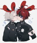  2boys ahoge animal_ear_hairband animal_ears aotsuki_eito armband blue_eyes closed_eyes closed_mouth commentary eyeliner fake_animal_ears glasses grey_hair hairband highres hole_in_chest hole_on_body jacket kiss kissing_cheek makeup male_focus multicolored_hair multiple_boys rabbit_ear_hairband rabbit_ears red_eyeliner red_hair short_hair simple_background sparrowhabird streaked_hair sumino_takumi the_hundred_line_-last_defense_academy- untranslatable_commentary yaoi 