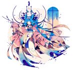  1girl animal_ears banner bare_tree bell blue_hair blue_petals blue_sky blush_stickers bow branch breasts card cleavage crescent detached_sleeves dress falling_petals floating_clothes floating_hair fox_ears frilled_dress frills full_body hair_bow hair_ornament heterochromia highres holding holding_banner holding_branch horns layered_clothes layered_dress layered_sleeves littlebluemuffin medium_breasts mountainous_horizon multicolored_bow multiple_hair_bows original petals pink_bow pink_eyes rope shimenawa short_eyebrows sky sleeves_past_fingers sleeves_past_wrists straight_hair tarot tarot_card thick_eyebrows tree watermark white_background wide_sleeves window yellow_bow yellow_eyes 