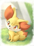  animal_ear_fluff commentary_request fang fennekin grass highres looking_at_viewer multicolored_fur no_humans open_mouth orange_eyes orange_fur pokemon pokemon_(creature) ryuma210 solo tail white_fur yellow_fur 