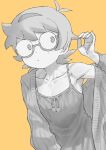  1girl :/ ahashi arm_up armpits camisole cardigan collarbone commentary freckles glasses greyscale_with_colored_background highres little_witch_academia long_sleeves lotte_jansson open_cardigan open_clothes playing_with_own_hair round_eyewear semi-rimless_eyewear short_hair simple_background solo under-rim_eyewear upper_body yellow_background 