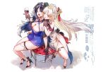  2girls alternate_costume black_gloves blonde_hair blue_dress blue_hair breasts closed_eyes commentary_request cup dress drinking_glass gloves hair_intakes hair_ornament high_heels highres holding holding_cup jewelry large_breasts lita_(ritaomochi) long_hair multiple_girls open_mouth parted_bangs parted_lips siblings sisters sitting smile suisui_(wuthering_waves) tacet_mark_(wuthering_waves) thighlet white_dress wuthering_waves yangyang_(wuthering_waves) yangyang_(xuanling)_(wuthering_waves) 