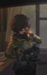  1girl :3 ar-15 artist_name assault_rifle black_gloves brown_hair camouflage camouflage_jacket camouflage_pants chest_rig cigarette cigarette_pack commentary curtains dishes english_commentary fluffy_hair freckles gloves green_jacket gun gun_sling hair_over_eyes hand_on_own_hip highres holding holding_cigarette holster jacket long_sleeves lpvo magazine_(weapon) mechanix_wear military military_uniform no_eyes original pants paperboathat peq plate radiator rifle scope short_hair smoking spoon tactical_clothes tactical_gloves thigh_holster twitter_username weapon window 