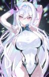  1girl absurdres arms_behind_head arms_up azur_lane bound breasts closed_mouth covered_navel cowboy_shot eyelashes groin gurami_(zangizarang) highres kearsarge_(azur_lane) leotard light_blush long_hair looking_at_viewer pink_hair sideboob sideless_leotard solo taut_leotard tied_up_(nonsexual) very_long_hair 
