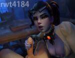  1boy 1girl 3d artist_name black_nails blurry blush book bottomless breasts chair colored_skin commentary depth_of_field earrings english_commentary erection eyeshadow eyewear_on_head glasses handjob hetero indoors jewelry large_breasts long_hair looking_at_viewer makeup nail_polish nipples open_mouth overwatch paid_reward_available penis ponytail pov pov_crotch principal_lacroix purple_lips purple_skin rwt4184 table testicles widowmaker_(overwatch) window yellow_eyes 