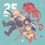  1girl 2boys ahoge animal anniversary aqua_background armor asymmetrical_legwear bad_id bad_pixiv_id baggy_pants bangle beads black_gloves black_hair black_pants blonde_hair blue_shirt body_markings boots bracelet buster_sword clenched_hand cloud_strife crop_top duplicate facial_mark feather_hair_ornament feathers final_fantasy final_fantasy_vii fingerless_gloves fire fishnets flame-tipped_tail gloves green_shirt grin hair_beads hair_ornament headband highres holding holding_shuriken holding_sword holding_weapon huge_weapon jewelry loose_socks materia multiple_boys nobu_(25mark) orange_fur orange_gloves orange_shoes pants pixel-perfect_duplicate red_hair red_xiii ribbed_shirt shirt shoes short_hair shorts shoulder_armor shuriken sidelocks single_bare_shoulder single_fishnet_legwear single_shoulder_pad sleeveless sleeveless_turtleneck smile sneakers socks spiked_hair suspenders sword tail teeth turtleneck weapon yellow_shorts yuffie_kisaragi 