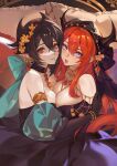  2girls absurdres alternate_costume arknights armlet asymmetrical_docking bare_shoulders black_choker black_dress black_gloves black_hair black_horns breast_press breasts choker commentary_request demon_horns dress earrings elbow_gloves entelechia_(arknights) flower gloves gold_armlet hair_between_eyes hair_flower hair_horns hair_ornament highres horns jewelry large_breasts long_hair looking_at_viewer medium_breasts mole mole_under_eye multiple_girls necklace orange_hair parted_lips pillow pointy_ears purple_eyes red_eyes renleiwanyier short_hair sidelocks sleeveless sleeveless_dress surtr_(arknights) tongue tongue_out 