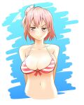  1girl arms_behind_back bikini blue_background blue_eyes blush breasts cleavage closed_mouth collarbone commentary_request front-tie_bikini_top front-tie_top hair_bun komado_riru large_breasts looking_to_the_side multicolored_bikini navel official_alternate_costume pink_hair red_bikini short_hair single_hair_bun single_side_bun solo striped_bikini striped_clothes swimsuit two-tone_background two-tone_bikini upper_body v-shaped_eyebrows white_background white_bikini yahari_ore_no_seishun_lovecome_wa_machigatteiru. yuigahama_yui 