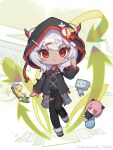  1girl :< asakura_neko black_jacket black_pants black_shirt boots camouflage cassia_(artist) character_doll chibi chibi_only chinese_commentary choker commentary_request cytus cytus_ii dark-skinned_female dark_skin doll full_body graff.j grey_boots hair_ornament hairclip highres hood hood_up hooded_jacket horned_hood horns ivy_(cytus) jacket long_sleeves medium_hair meowbot pants red_choker red_eyes red_horns red_trim robo_head_(cytus) shirt thigh_strap waist_cape watermark weibo_watermark white_hair 