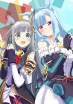  2girls absurdres animal_ears ascot asymmetrical_gloves asymmetrical_sleeves bare_shoulders black_dress black_gloves blue_eyes blue_hair blunt_bangs blush braid breasts center_frills chrono_genesis_(prismatic_curator)_(umamusume) chrono_genesis_(umamusume) closed_mouth commentary_request crown_braid detached_sleeves dress fingerless_gloves frills gloves grey_hair hair_between_eyes hair_ornament highres horse_ears horse_girl kichi_tik long_hair looking_at_viewer mejiro_ardan_(crystalline)_(umamusume) mejiro_ardan_(umamusume) mismatched_gloves mismatched_sleeves multiple_girls off-shoulder_dress off_shoulder open_mouth purple_eyes red_ascot small_breasts smile umamusume white_gloves 