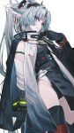  1girl adjusting_collar animal_ears arcane_(arknights) arknights arknights:_endfield bad_id bad_pixiv_id bird_ears bird_girl black_cape black_gloves black_leotard black_thighhighs blue_eyes cape closed_mouth commentary cowboy_shot elbow_gloves facial_mark forehead_mark gloves grey_hair grey_tabard hand_up headgear highres kamameshi_gougoumaru leotard long_hair looking_at_viewer multicolored_gloves multicolored_leotard ponytail pouch simple_background solo tabard thighhighs two-tone_gloves two-tone_leotard white_background white_gloves white_leotard 
