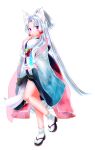  1girl absurdres animal_ear_fluff animal_ears black_sandals black_sash blue_kimono closed_mouth edomura_niniko fox_ears fox_girl full_body gradient_clothes gradient_kimono hand_up highres hitodama incredibly_absurdres japanese_clothes kimono long_hair long_sleeves looking_at_viewer obi official_art okobo parted_bangs pink_eyes platform_sandals ponytail sandals sash simple_background socks solo standing standing_on_one_leg tabi touhoku_itako transparent_background very_long_hair voiceroid white_hair white_kimono white_socks wide_sleeves 