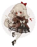  1girl basket black_boots black_dress blush boots bow bowtie braid brown_cardigan cardigan closed_mouth collared_dress crinoline crown_braid doll_joints dress floating_hair flower hair_bow highres holding holding_basket holding_flower joints lace littlebluemuffin medium_hair original panda pointy_ears red_bow red_bowtie red_eyes rose see-through_clothes see-through_dress side_braids smile waist_bow watermark white_background white_bow white_flower white_hair white_rose 