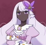  1girl ascot breasts commentary_request dark-skinned_female dark_skin dress frilled_ascot frills gloves highres jacinthe_(pokemon) juliet_sleeves long_hair long_sleeves low_drills mega_stone open_mouth otamajack pokemon pokemon_legends:_z-a puffy_sleeves purple_dress purple_eyes purple_hair solo teeth very_dark_skin white_gloves 