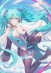  1girl absurdres bare_shoulders bird black_boots black_skirt black_sleeves blue_eyes blue_hair blue_nails blue_necktie blue_sky blush boots breasts collared_shirt commentary_request day detached_sleeves double-parted_bangs dove foot_out_of_frame grey_shirt grin hair_between_eyes hatsune_miku highres long_hair long_sleeves miniskirt miviy19 nail_polish necktie outdoors pleated_skirt rainbow shirt skirt sky sleeveless sleeveless_shirt small_breasts smile solo thigh_boots tie_clip twintails very_long_hair vocaloid watermark wide_sleeves zettai_ryouiki 