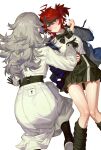  2girls ahoge aotsuki_eito black_gloves black_hair black_streaks blue_eyes blush bow collared_shirt earphones genderswap genderswap_(mtf) gloves grey_hair h_ikenuma highres holding jacket leg_warmers long_hair looking_at_another medium_hair multicolored_hair multiple_girls panties pantyshot pleated_skirt poking red_hair shirt simple_background skirt streaked_hair sumino_takumi the_hundred_line_-last_defense_academy- two-tone_hair underwear white_background white_jacket white_panties yuri 