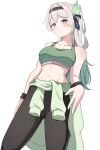  1girl absurdres arms_at_sides bare_arms black_ribbon blue_eyes blush breasts brown_pants cleavage collarbone commentary erushira facing_viewer firefly_(honkai:_star_rail) frown gradient_hair green_hair green_hoodie green_sports_bra grey_hair hair_ornament hair_ribbon hairband highres honkai:_star_rail honkai_(series) hood hoodie hoodie_around_waist long_hair looking_ahead medium_breasts multicolored_eyes multicolored_hair multicolored_hairband navel pants pink_eyes ponytail ribbon simple_background solo sports_bra stomach sweatpants white_background wing_hair_ornament wristband 