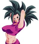  1girl arms_up black_hair breasts closed_mouth crop_top dragon_ball dragon_ball_super earrings highres impossible_clothes jewelry kefla_(dragon_ball) large_breasts light_smile pants ponytail potara_earrings rom_(20) simple_background solo spiked_hair upper_body white_background 