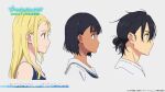  1boy 2girls adam's_apple ajiro_shinpei artist_request black_hair blonde_hair blue_one-piece_swimsuit closed_mouth commentary_request copyright_name dark-skinned_female dark_skin from_side hair_between_eyes highres kofune_mio kofune_ushio long_hair looking_ahead multiple_girls official_art one-piece_swimsuit profile sailor_collar shirt short_hair siblings sidelocks simple_background sisters summertime_render swimsuit white_sailor_collar white_shirt 