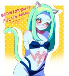 1girl ? ?? animal_ear_fluff aqua_hair aqua_tail arm_behind_back bare_shoulders blizzard_(b1iz4rd) blue_bra blue_panties blush bra breasts cat_girl cat_tail colored_sclera cowboy_shot cyberpunk:_edgerunners cyberpunk_(series) cyborg dotted_background english_text green_eyes head_tilt highres long_hair looking_at_viewer multicolored_eyes navel neck_tattoo panties parted_lips petite profanity raised_eyebrow rebecca_(cyberpunk) red_sclera shoulder_blush sidelocks skull_tattoo small_breasts solo stomach stomach_tattoo tail talking tattoo tsundere two-tone_background underwear white_background yellow_background 