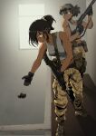  2girls acog assault_rifle bare_shoulders benelli_m4 black_gloves black_hair boots breasts brown_boots brown_eyes camouflage camouflage_pants closed_mouth collarbone dark-skinned_female dark_skin desert_camouflage digital_camouflage dropping explosive full_body gloves green_eyes grenade gun highres holding holding_weapon indoors m16 m16a4 medium_breasts midriff mrxinom multiple_girls muscular muscular_female original pants parted_lips rifle scope short_hair shotgun smile soldier standing tank_top turning_head united_states_marine_corps weapon white_tank_top window 
