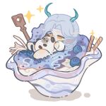  1girl =_= animal aqua_horns aqua_scales asymmetrical_horns barefoot black-framed_eyewear blue_scales blueberry blush_stickers cat chibi chinese_commentary cinnamon_stick colorpoint_(pattern) commentary_request covered_mouth dragon_girl dragon_horns food fruit glass grey_hair hair_over_shoulder holding holding_animal holding_cat horns ice_cream in_food indoors infinity_nikki long_hair long_sleeves medael_(infinity_nikki) monocle nikki_(series) parksolian_(infinity_nikki) pointy_ears puffy_long_sleeves puffy_sleeves round_eyewear shadow shirt siamese_cat solo sparkle spoon white_background white_shirt yushengdeyouzilu 