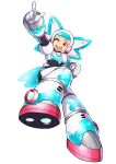  1girl :d ;d absurdres android arm_up armor black_bodysuit blue_hair blue_helmet bodysuit boots breastplate clenched_hand commentary english_commentary full_body gloves happy helmet highres index_finger_raised looking_at_viewer mega_man:_dual_override mega_man_(classic) mega_man_(series) one_eye_closed outstretched_arm pointing pointing_up red_eyes robot_ears short_hair shoutaro_saito simple_background smile solo teeth twinkle_girl two-tone_helmet upper_teeth_only white_armor white_background white_boots white_gloves white_helmet 