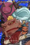 animal animal_focus black_eyes blue_background closed_mouth colored_sclera commentary_request crossed_arms dagger gamabunta_(naruto) gamahiro_(naruto) gamaken_(naruto) gamakichi_(naruto) gamatatsu_(naruto) haori highres holding holding_dagger holding_knife holding_weapon japanese_clothes knife kuji-in looking_at_viewer naruto_(series) naruto_shippuuden no_humans open_mouth oversized_animal pochiwoooo_25 polearm sasumata scar scar_across_eye scar_on_face size_difference smoke smoking smoking_pipe smoking_pipe_in_mouth spikes toad_(animal) weapon yellow_sclera 