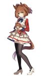  1girl animal_ears aston_machan_(flare)_(umamusume) aston_machan_(umamusume) black_bow black_bowtie black_thighhighs blush bow bowtie breasts brown_hair character_doll closed_mouth collared_shirt commentary_request crown cutie_(umamusume) doll full_body green_eyes hair_ornament hair_scrunchie highres holding holding_doll horse_ears horse_girl horse_tail jacket long_sleeves looking_at_viewer mini_crown red_sash red_scrunchie red_sleeves sash scrunchie shirt shoes shoulder_sash simple_background skirt smile solo tail thighhighs tilted_headwear tpicm umamusume white_background white_jacket white_shirt white_shoes white_skirt 