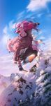  2022 anthro breasts canid canine canis clothed clothing day detailed_background digital_media_(artwork) female fur hair hi_res mammal open_mouth outside pink_body pink_fur reilukah skii sky smile snow solo teeth tongue wolf 