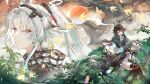  2girls absurdres animal_ears arcane_(arknights) arknights arknights:_endfield bird bird_ears bird_girl black_cape blue_eyes blue_gloves blue_horns blue_jacket brown_hair cape cat chen_qianyu_(arknights) chinese_commentary closed_eyes closed_mouth commentary_request dragon_girl dragon_horns dragon_tail eastern_dragon_horns eastern_dragon_tail facial_mark forehead_mark gloves highres horns indai_(3330425) jacket long_hair long_sleeves lying multiple_girls open_mouth ponytail tail thighhighs white_cat white_hair 
