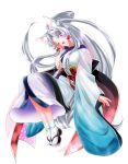 1girl :3 :d ;3 ;d absurdres animal_ear_fluff animal_ears black_sandals black_sash blue_kimono edomura_niniko fox_ears fox_girl full_body gradient_clothes gradient_kimono hand_up highres japanese_clothes kimono long_hair long_sleeves looking_at_viewer obi official_art okobo one_eye_closed open_mouth parted_bangs pink_eyes platform_sandals ponytail sandals sash simple_background smile socks solo tabi touhoku_itako transparent_background very_long_hair voiceroid white_hair white_kimono white_socks wide_sleeves 