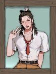  1boy absurdres all_wishes_come_true! alternate_costume belt belt_buckle black_belt black_hair blush brown_eyes brown_hair brown_pants buckle chiaaage chinese_commentary collarbone collared_shirt commentary_request contemporary cosplay covered_nipples facial_hair hair_bun hair_ornament half_updo hand_up highres large_pectorals long_hair looking_at_viewer male_focus muscular muscular_male mustache_stubble necktie open_collar open_mouth pants pectoral_cleavage pectorals picture_frame red_necktie see-through_clothes shirt short_sleeves single_hair_bun sitting skin_tight smile solo spongebob_squarepants spongebob_squarepants_(cosplay) spongebob_squarepants_(series) stubble tongue v wavy_hair white_shirt zhongli_quan_(all_wishes_come_true!) 