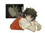  1boy anime_screenshot_inset black_eyes black_hair chinese_commentary closed_mouth commentary_request derivative_work false_memory guan_chao_(false_memory) high-visibility_clothing high-visibility_vest looking_at_viewer male_focus screenshot_inset screenshot_redraw shirt short_sleeves simple_background smile solo white_background white_shirt zhiwuchangguisanjianshi 